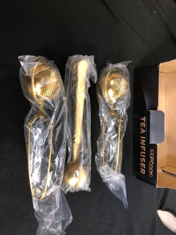Photo 1 of 2 pack of MUPCOOK Set of 2 Tea Infusers and 1 Teaspoon, Gold Stainless Steel Filter Ball with Multifunction Spoon Perfect for Brewing Loose Leaf Tea, Sturdy and with Gift Box
