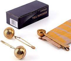 Photo 1 of 2 pack of MUPCOOK Set of 2 Tea Infusers and 1 Teaspoon, Gold Stainless Steel Filter Ball with Multifunction Spoon Perfect for Brewing Loose Leaf Tea, Sturdy and with Gift Box