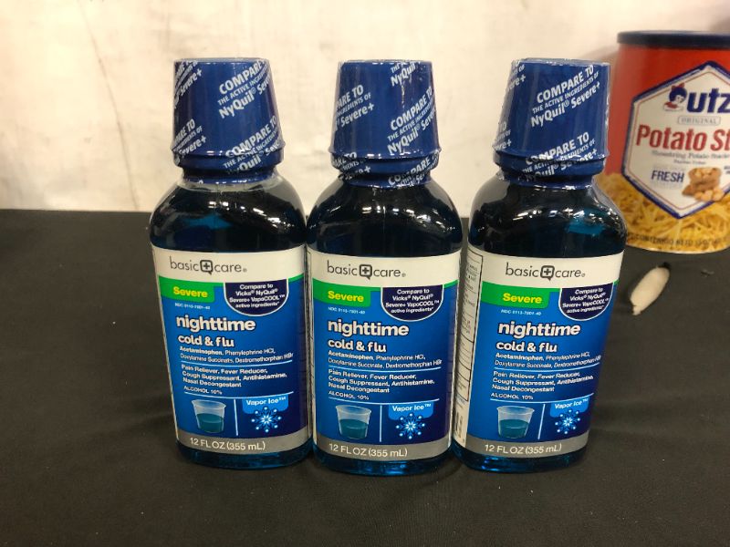 Photo 1 of 3 pack of Amazon Basic Care Night Cold and Flu Relief, Pain Relief, Fever Reducer, Cough Suppressant and Antihistamine, 12 Fluid Ounce