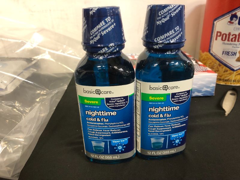 Photo 1 of 2 pack of Amazon Basic Care Night Cold and Flu Relief, Pain Relief, Fever Reducer, Cough Suppressant and Antihistamine, 12 Fluid Ounce