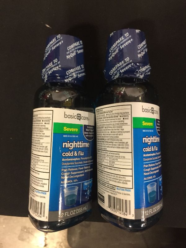 Photo 2 of Amazon Basic Care Nighttime Cold & Flu Relief, Pain Reliever, Fever Reducer, Cough Suppressant & Antihistamine, 12 Fluid Ounces
