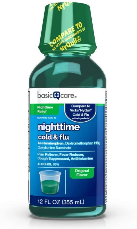 Photo 1 of Amazon Basic Care Nighttime Cold & Flu Relief, Pain Reliever, Fever Reducer, Cough Suppressant & Antihistamine, 12 Fluid Ounces
