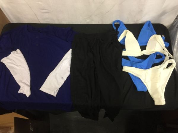 Photo 1 of Assorted Clothing Different Sizes
Blue Bikini: M
White Bikini: S
Joggers: M
Shirt: XL