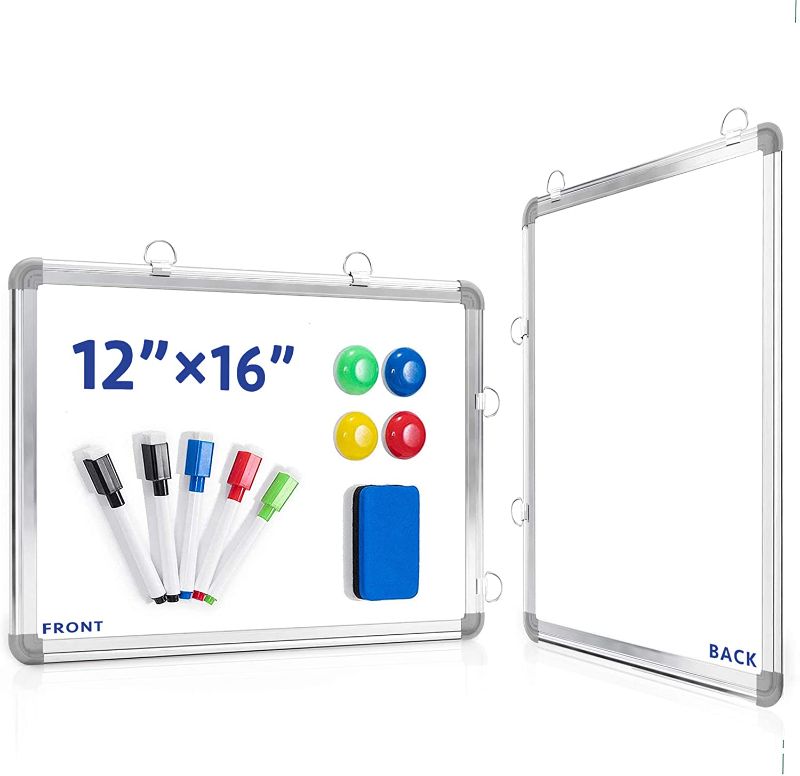 Photo 1 of Small Dry Erase White Board,Ncozwo 12" x 16" Double Sided Hanging Whiteboard with 5 Markers,4 Magnets and 1 Magnetic Dry Eraser,Portable Mini Magnetic Board for School, Home, Office
