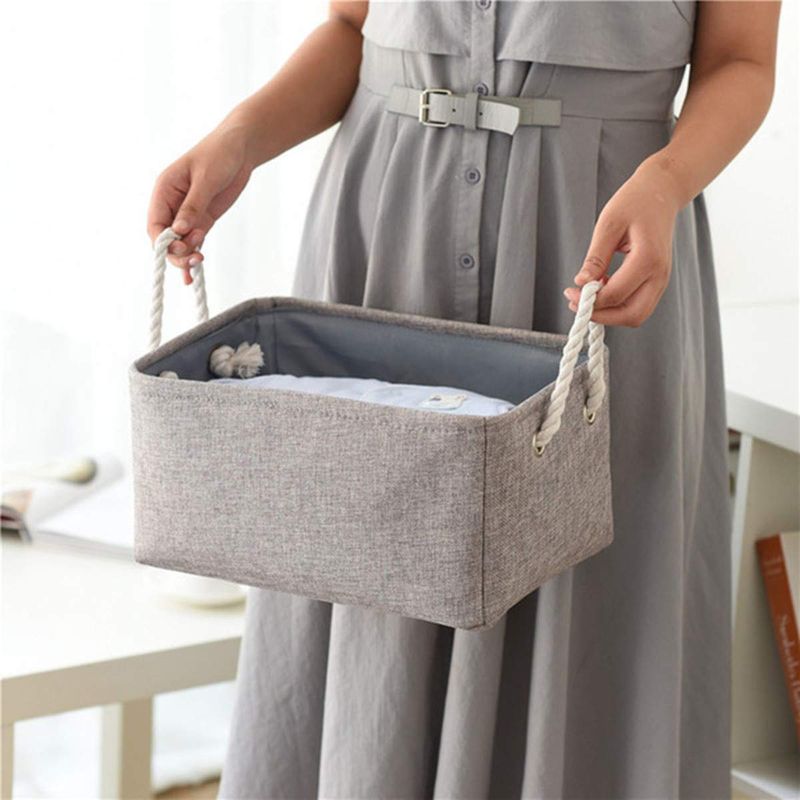 Photo 2 of 3 pack - Basket Rope Storage Baskets, Flax Organizer Waterproof with Handles 12 x 8 x 5 Inches, Basket for Baby Blanket, Kids Toy Nursery Laundry Basket (Gray)
