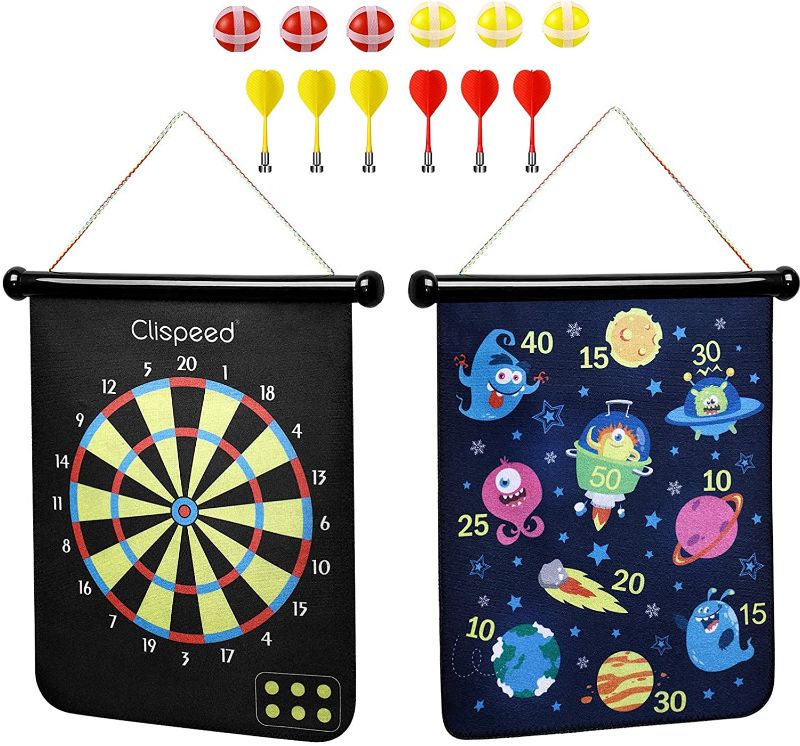 Photo 1 of CLISPEED Dart Board Games for Kids, Roll Up Double Sided Magnetic Dartboard with 6 Throwing Darts and 6 Sticky Dart Balls
