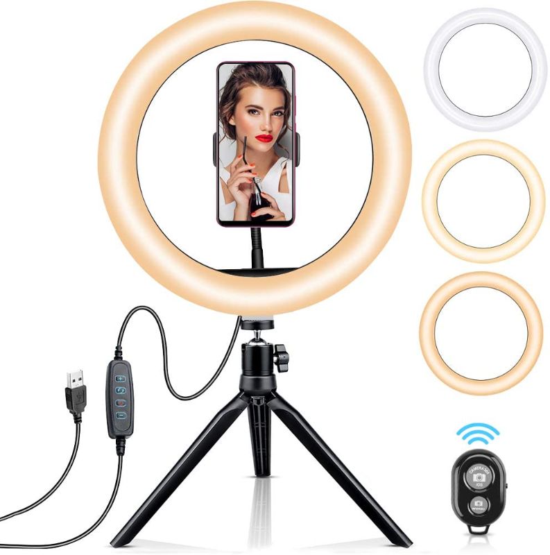 Photo 1 of 10" LED Ring Light with Tripod Stand & Phone Holder, Dimmable Desk Makeup Ring Light, Perfect for Live Streaming & YouTube Video, Photography, 3 Light Modes and 10 Brightness Levels
