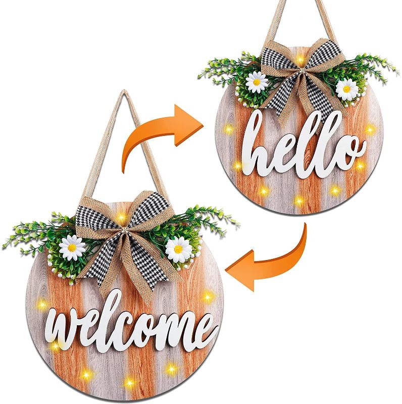 Photo 1 of AerWo Hello Welcome Sign Front Door Porch Decor with 12LED Light, Interchangeable Rustic Wood Wall Hanging Porch Decorations for Housewarming Gift Christmas Farmhouse Outdoor Home Decor, 11.8" Round