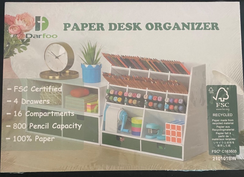 Photo 1 of Darfoo Desk Organizer Made of Cardboard , Desktop Pen Organizer with 16 Compartments & 4 Drawers, Ultra-large 800+ Pencils Capacity, FSC Certified, DIY Project, white
