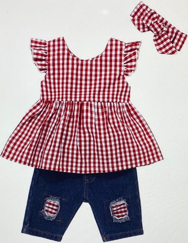 Photo 1 of Baby Girls Clothes Blue Ruffle Short Sleeve+Baby Girl Outfits Ripped Jeans Headband Set (Size = 120)