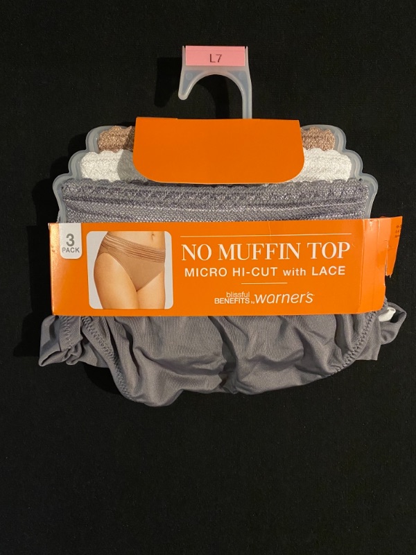 Photo 1 of 3 PACK Warner's Women's Blissful Benefits No Muffin Top Micro Hi-Cut Panties with Lace Multipack (Large) - Smoked Pearl/White/Toasted Almond
