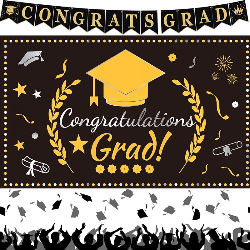 Photo 1 of Eaaglo Graduation Decorations 2021, Congrats Grad Graduation Banner, Extra Large Black Gold Congratulations Backdrop Yard Sign, Outdoor Indoor Wall Apartment Decor Graduation Party Supplies