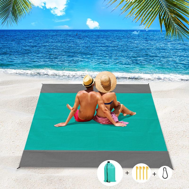 Photo 1 of Apfity Sand Free Beach Blanket, 79''×83'' Lightweight Sandproof Beach Blanket, Outdoor Lightweight Beach Mat for Travel, Camping, Hiking...Dark Green/Gray