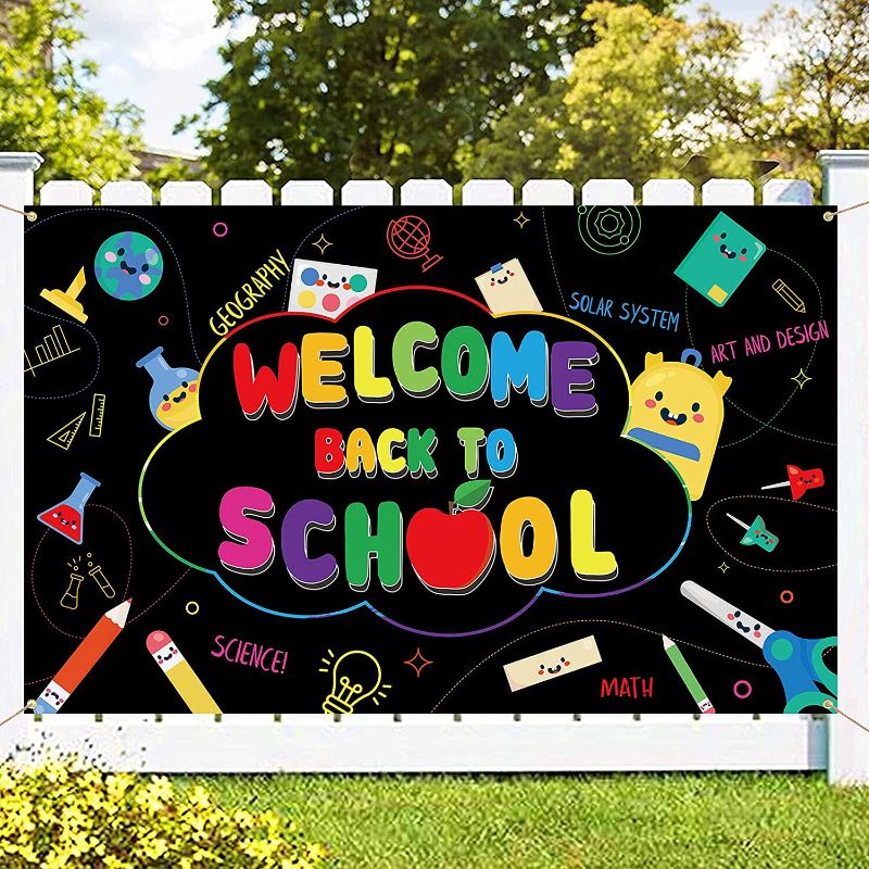 Photo 1 of Dazonge Large Fabric Welcome Back to School Banner ( 45x72 inch), First Day of School Backdrop, 2021 Back to School Decorations for Teachers, Classroom, School Parties