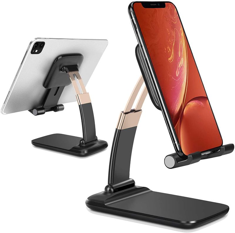 Photo 1 of Upgraded Desk Phone Holder, B-Land Adjustable Foldable Cell Phone Stand for Desk, Thick Case Friendly Phone Holder Stand Tablet Stand Compatible with All Smart Phones & Tablets (Black)