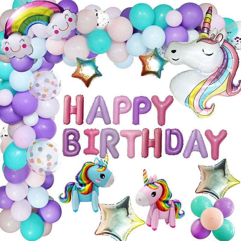 Photo 1 of 138Pcs Pastel Unicorn Birthday Balloons Arch Kit 12''10''5'' Purple Pink Tiffany Blue Balloons Set with Rainbow Unicorn Balloons Happy Birthday Balloons for Baby Shower Girls Birthday Party Supplies