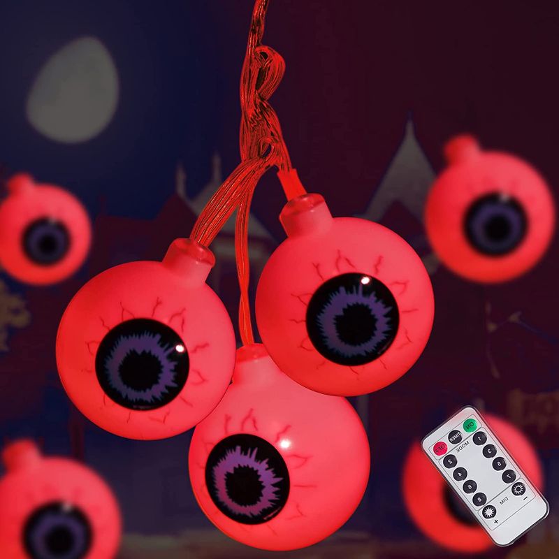 Photo 1 of Halloween Eyeball Decoration String Lights 30LED Outdoor and Indoor with Remote Control Waterproof Battery Operated, Haunted Houses Window Tree Party to Create a Halloween Horror Atmosphere ( Red)