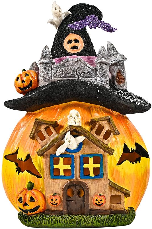 Photo 1 of 12 Inch Tall Halloween Decor Jack O Lanterns with Battery or USB Powered, Resin Pumpkin House Statue with Witch Hat Halloween Decorations Indoor Light, Night Table Light Lamp for Bedroom, House