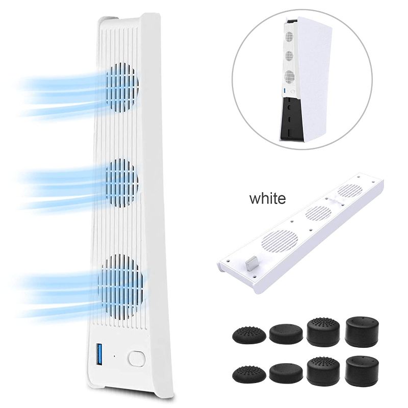 Photo 1 of AKNES Cooling Fan for PS5,USB External Cooler 3 Fan Turbo Temperature Control Cooling Fans for Sony Playstation 5 / 5 Digital Edition Game Console, with 8 PCS Thumb Stick Grips Caps, White