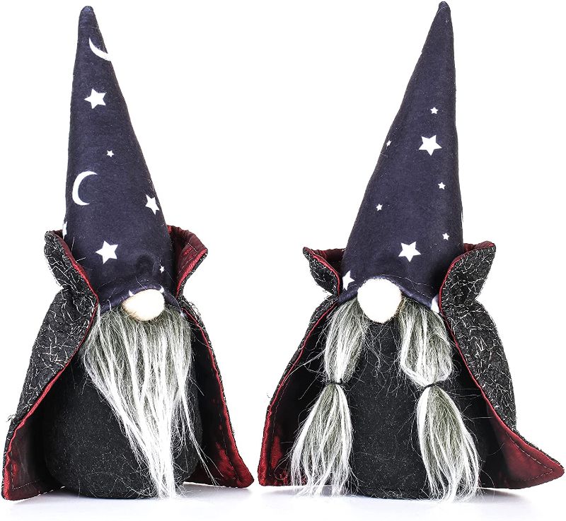 Photo 1 of 9.5" Halloween Gnome Ornament with Black Witch Cloak Hat, Swedish Tomte Scandinavian Handmade Plush Doll Decoration for Household Table Party Festival Events Kids Gifts, Pack of 2