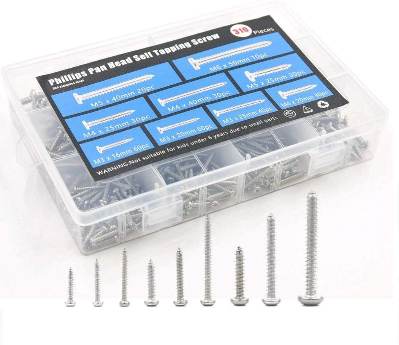 Photo 1 of 310-Pcs 304 Stainless Steel Phillips Truss Head Self Tapping Sheet Metal Screws Assortment Kit Set, Thread Size #6#8#10#12, Length 3/5'' to 2''?Round Head?