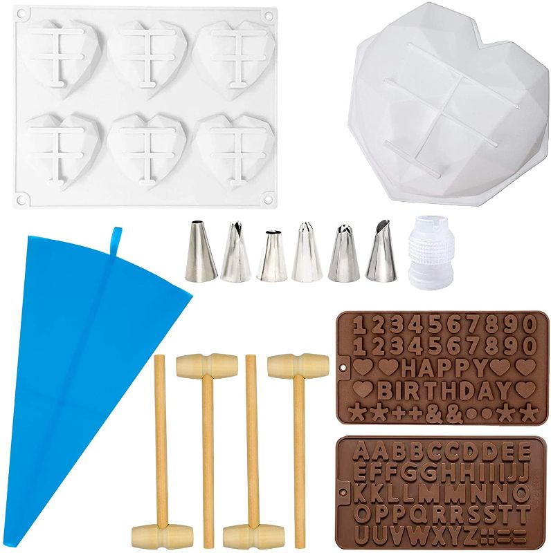 Photo 1 of 16 PCS Heart Molds - Heart Molds for Chocolate Includes 1x Breakable Heart Mold -1x Small Heart Molds - 4x Wood Hammers - 1x Number and 1x Letter Molds - 1x Piping Bag - 6x Nozzles -1x Coupler