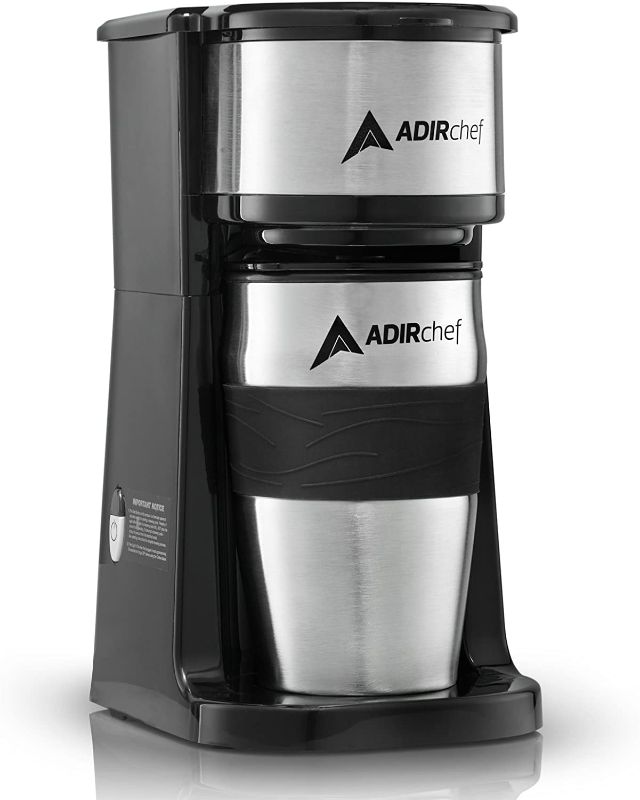 Photo 1 of ADIRchef Single Serve Coffee Maker - Mini Coffee Maker, Personal Coffee Maker with 15 oz. Grab & Go Travel Mug Coffee Tumbler & Reusable Filter For Home, Office, Camping...(Black) (UNABLE TO TEST, DOES TURN ON)