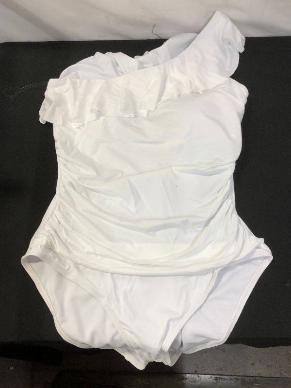 Photo 1 of WOMEN'S SIZE 12 WHITE RUFFLE OVER THE SHOULDER ONE STRAP ONE PIECE SWIM SUIT