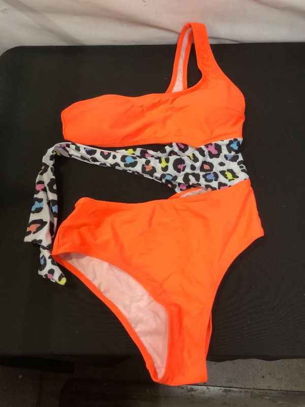 Photo 1 of WOMEN'S SMALL ONE PIECE SWIM SUIT NEON ORANGE CUT OUT WITH WRAP TIE