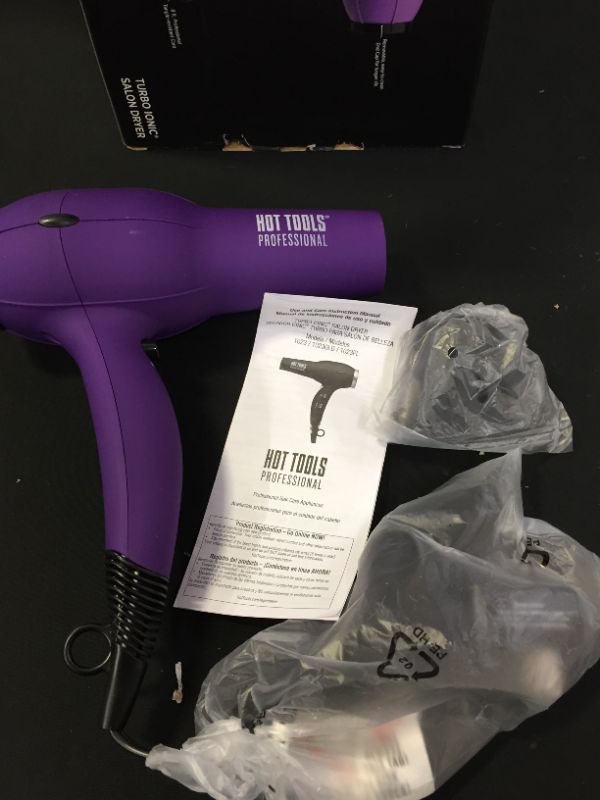 Photo 2 of HOT TOOLS Professional 1875W Turbo Ionic Dryer, Purple
3 Piece Set (MISSING 1 ATTACHABLE CLIP)