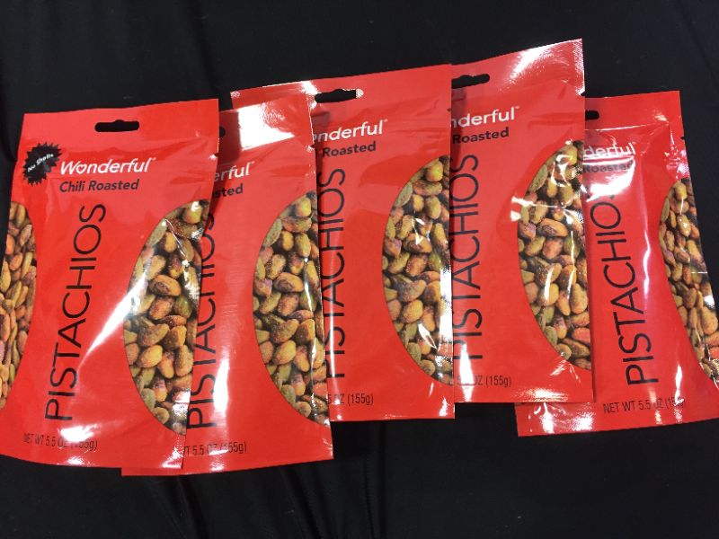 Photo 2 of 5 pack - Wonderful Pistachios, No Shells, Chili Roasted, 5.5 Ounce Resealable Pouch EXP JAN 5, 2022