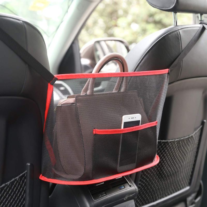 Photo 1 of 2 pack - MYBESTFURN Upgrade Car Net Pocket Handbag Holder, Car Mesh Organizer Between Seats for Purse Storage Phone Documents Pocket, Pets Kids Barrier Disturb Stopper Black and Red
