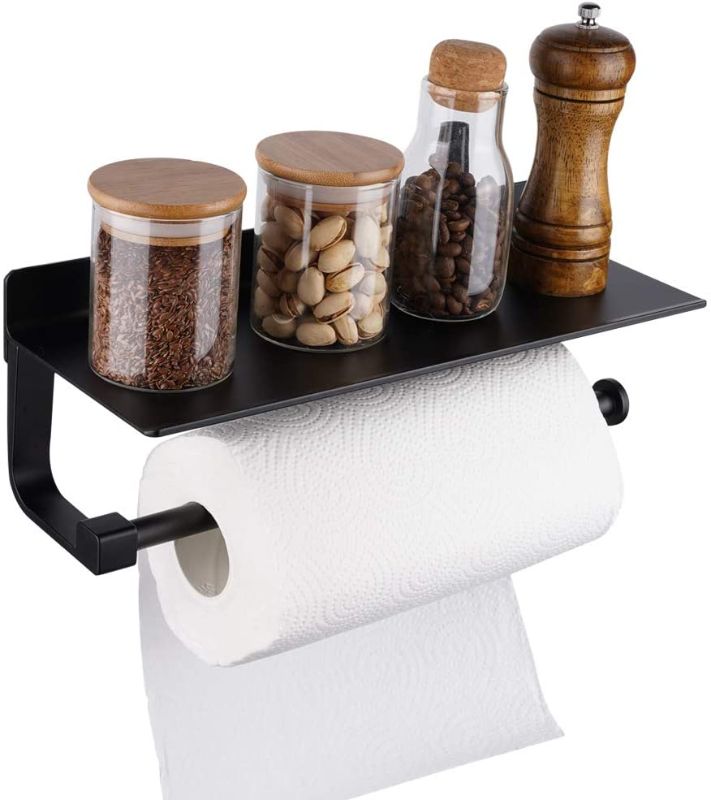 Photo 1 of Adhesive Paper Towel Holder with Shelf, Anti-Rust Aluminum Paper Towel Rack for Kitchen 13inch, Bathroom Tissue Roll Hanger with Storage Shelf, No Drilling or Wall Mounted with Screws (Black)
