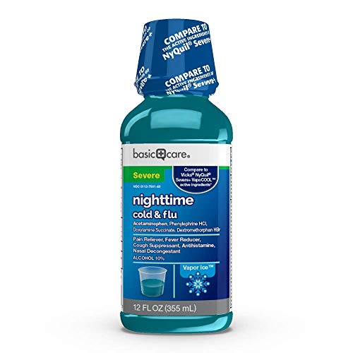 Photo 1 of 2 PACK Amazon Basic Care Vapor Ice Nighttime Severe Cold and Flu, Pain Reliever and Fever Reducer, Nasal Decongestant, Antihistamine and Cough Suppressant, 12 Fluid Ounces       
 EXP 12-2022