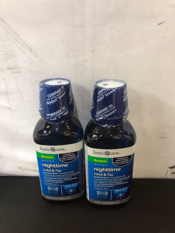 Photo 2 of 2 PACK Amazon Basic Care Vapor Ice Nighttime Severe Cold and Flu, Pain Reliever and Fever Reducer, Nasal Decongestant, Antihistamine and Cough Suppressant, 12 Fluid Ounces       
 EXP 12-2022