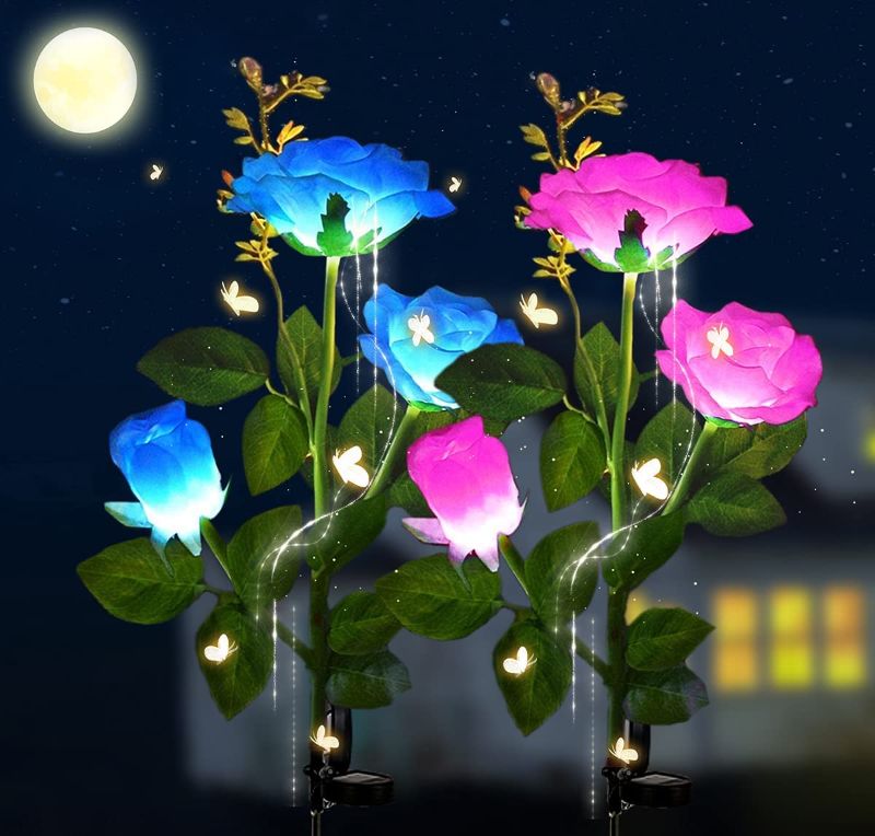 Photo 1 of 2 Pack Solar Flower Lights, 6 Roses Flowers Solar Powered Flower Lights Outdoor Garden Waterproof, LED Solar Flower Lights for Halloween Decorations Yard Patio Backyard Landscape Outdoor Decorative
