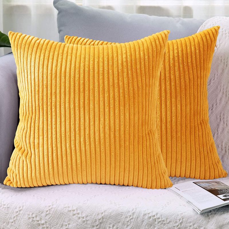 Photo 1 of LHKIS Throw Pillow Covers 18x18 Set of 2, Decorative Corduroy Farmhouse Cushion Covers Pillowcase for Couch Sofa Bedroom Car, Yellow
