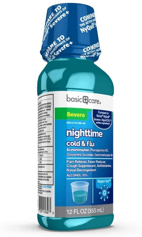 Photo 1 of Amazon Basic Care Vapor Ice Nighttime Severe Cold and Flu, Pain Reliever and Fever Reducer, Nasal Decongestant, Antihistamine and Cough Suppressant, 12 Fluid Ounces 3 pack 
exp 12/.2022