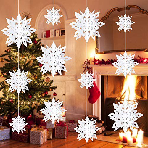 Photo 1 of Bininbox Christmas Hanging Snowflake Decorations, 12 Pcs Winter 3D Glittery White Snowflakes Garland For Window Xmas Trees Decor, Christmas New Year Party Winter Wonderland Decoration----3 PACK 