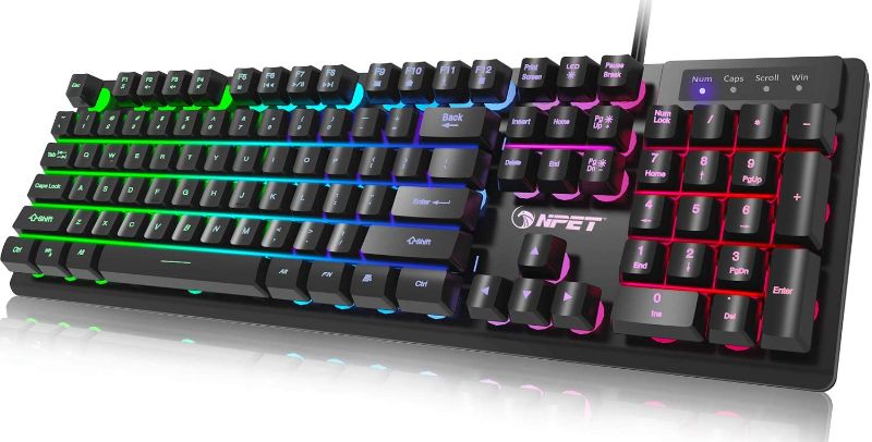 Photo 1 of NPET K10 Gaming Keyboard USB Wired Floating Keyboard, Quiet Ergonomic Water-Resistant Mechanical Feeling Keyboard, Ultra-Slim Rainbow LED Backlit Keyboard for Desktop, Computer, PC
