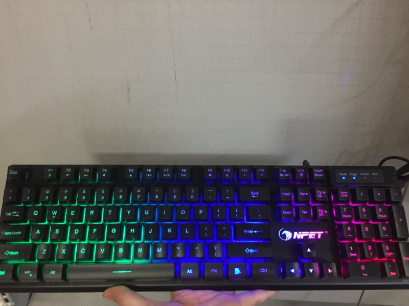 Photo 4 of NPET K10 Gaming Keyboard USB Wired Floating Keyboard, Quiet Ergonomic Water-Resistant Mechanical Feeling Keyboard, Ultra-Slim Rainbow LED Backlit Keyboard for Desktop, Computer, PC
