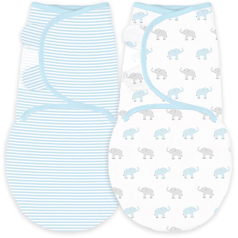 Photo 1 of Amazing Baby Swaddle Blanket with Adjustable Wrap, Set of 2, Tiny Elephants and Stripes, Pastel Blue, Small
