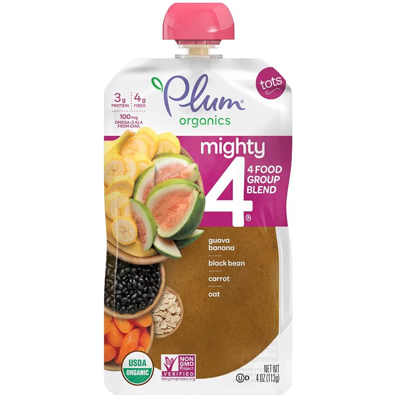 Photo 1 of 2 PACK - Plum Organics Mighty 4, Organic Toddler Food, Guava, Banana, Black Bean, Carrot and Oat, 4 Ounce (Pack of 12) (Packaging May Vary) exp NOV 26 2021