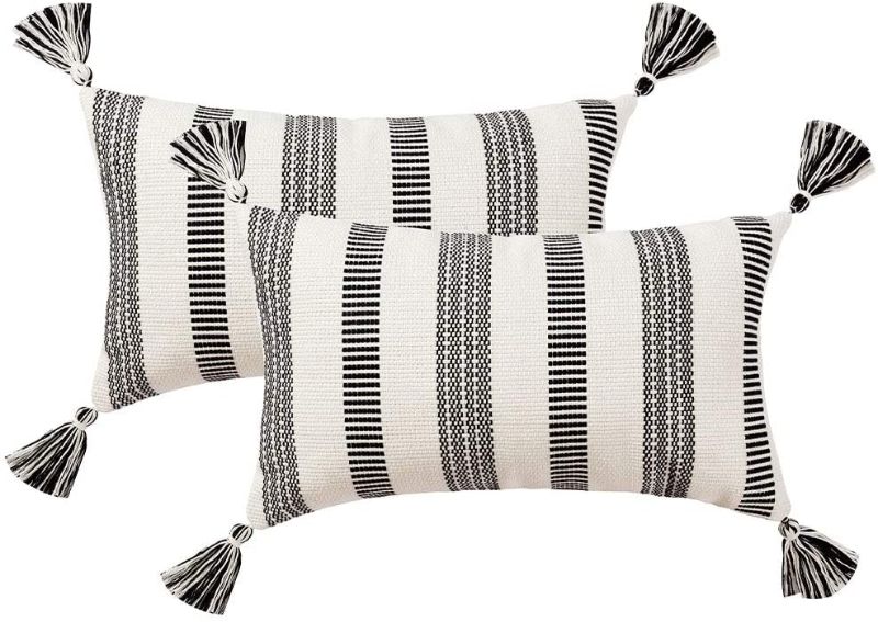 Photo 1 of Decorative Lumbar Black White Throw Pillows Cover Set, Modern Striped Boho Farmhouse Pillow Cover, Neutral Textured Couch Pillow Cases (12x20 Inches, 2 Pack)
