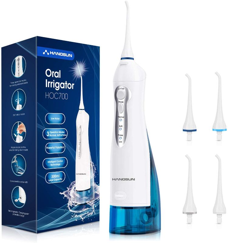 Photo 1 of Hangsun Water Flosser Professional Cordless Rechargeable Dental Oral Irrigator Ultra Water Jet for Teeth Braces Care with 4 Jet Tips 3 Modes IPX7 Waterproof 300ML Water Tank for Travel and Home Use
