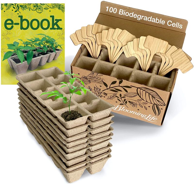 Photo 1 of Blooming Life Seedling Starter Tray Set - 100 Cells - 10 Germination Trays x 10 Biodegradable Pots for Seedlings - Bonus 20 Bamboo Markers and Gardening Book Included - 100% Natural and Compostable
