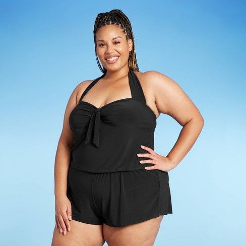 Photo 1 of Women's Plus Size Halter Swim Romper - Aqua Green Black 16W