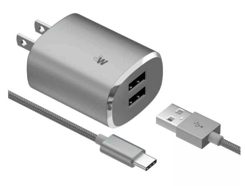 Photo 1 of Just Wireless 3.4A/17W 2-Port USB-C/USB-A Home Charger with 6ft Mesh Type-C to USB-A Cable - Gray
