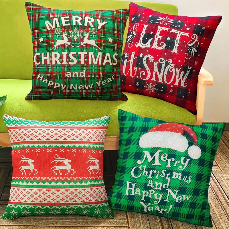 Photo 1 of Christmas Throw Pillow Covers 18 x 18 Inch Set of 4 Holiday Decorations Winter Decorative Green and Red Buffalo Plaid Rustic Pillowcase for Christmas Home Sofa Couch Decor