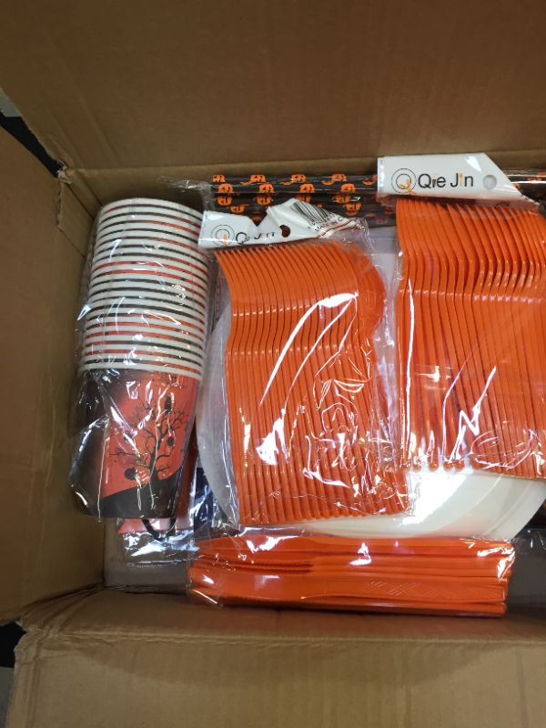 Photo 1 of 175Pcs Halloween Party Supplies Decorations Tableware Set Halloween Tablecloth 54" x 108" Pumpkin Witch Party Dinner Plates Napkins Cups Cake Insert Glow Stickers Hanging Swirl Balloons Banners